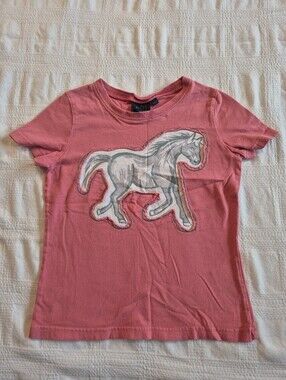 Mini Boden girls 9-10 years coral short sleeve shirt with horse design, GUC